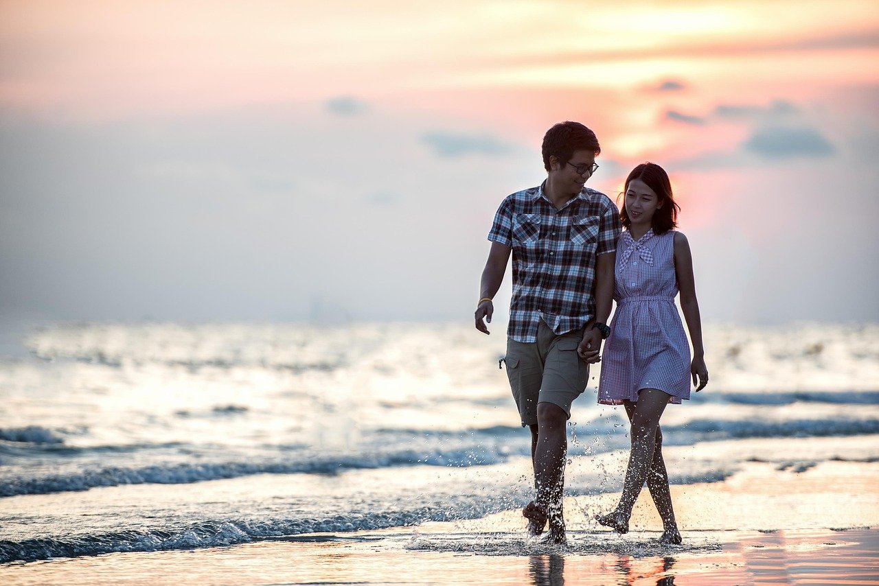 happy valentines day, couple, holding hands, beach, lovers, affection, walk, walking, nature, together, walking together, asian couple, shore, seashore, affectionate, happy couple, love, outdoor, smiling, relationship, pair, girl, sea, ocean, seaside, people, water, asia